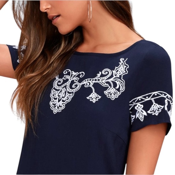 Lulu’s Navy Blue Dress Women’s Size S White Embroidery Lined Mini Short Sleeve - Picture 7 of 13